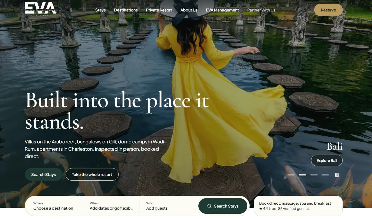 EVA Worldwide Resorts homepage with a full-bleed Bali hero and floating search