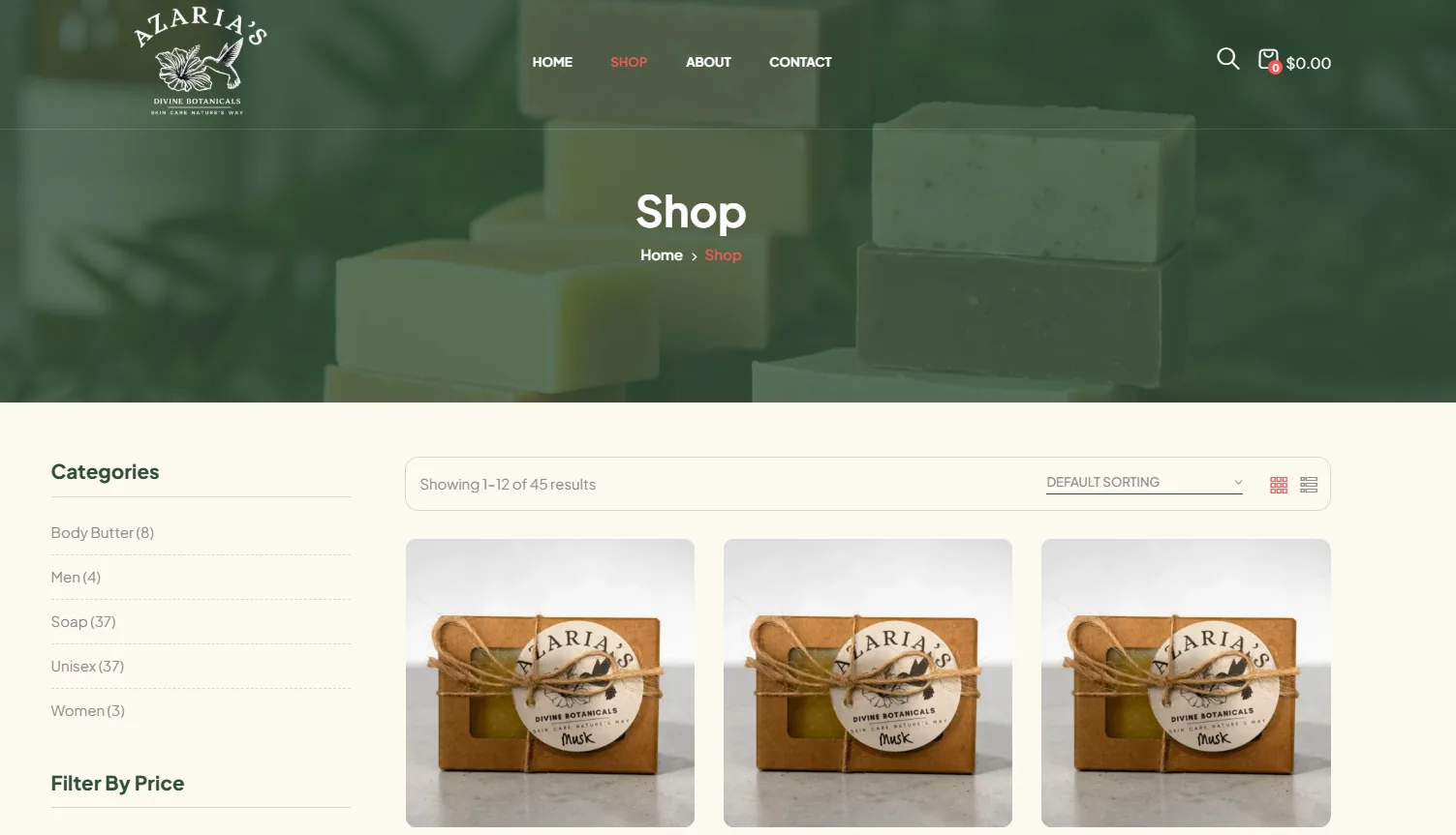 Azaria’s Divine Botanicals shop page with categories Body Butter, Men, Soap, Unisex and Women, and a price filter