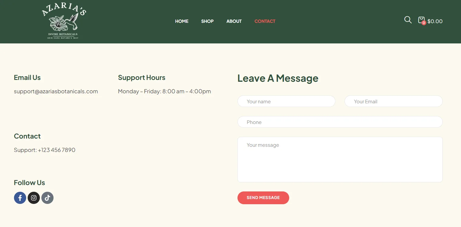 Azaria’s Divine Botanicals contact page with email, support hours, phone and a Leave a Message form