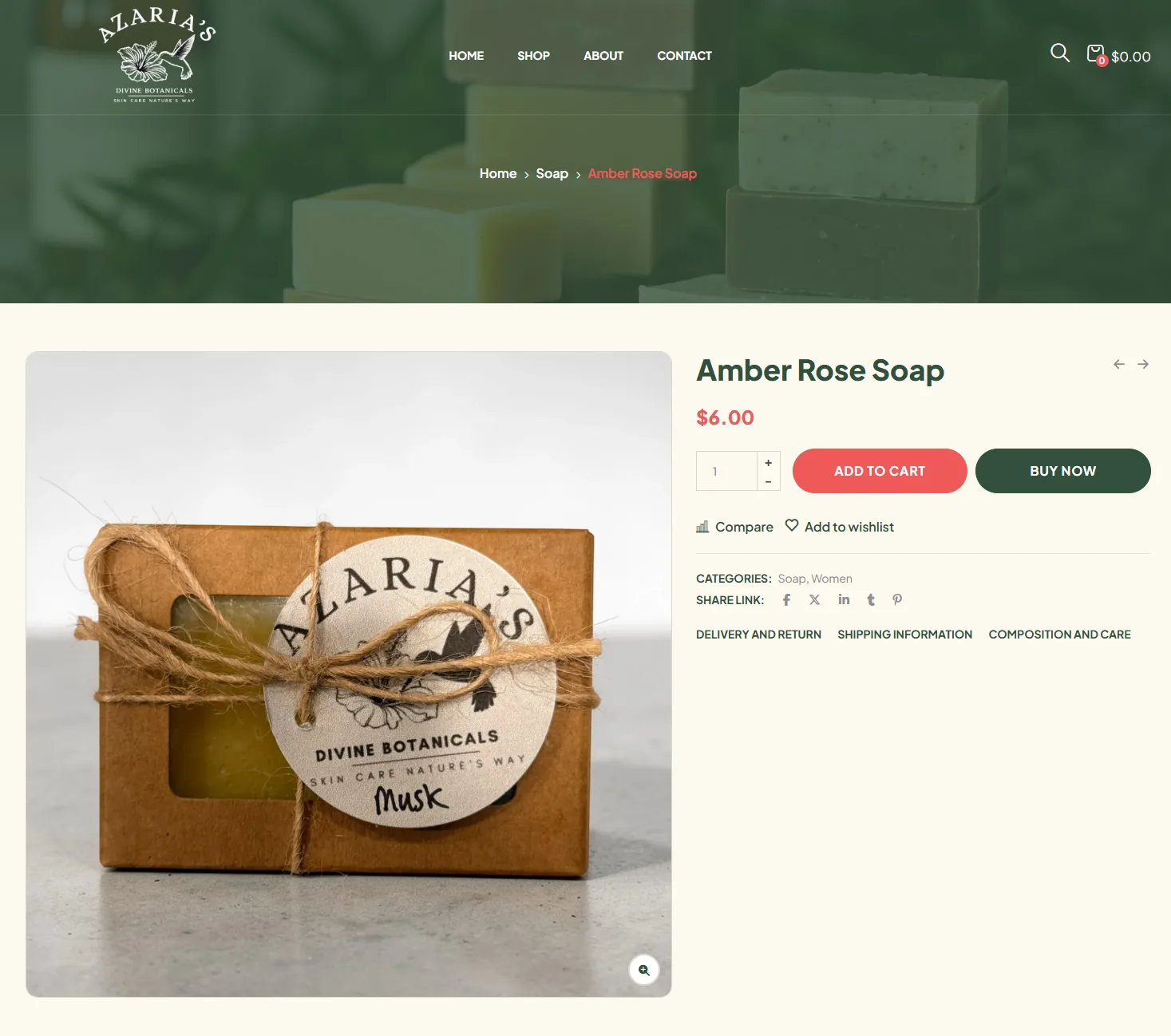 Azaria’s Divine Botanicals product page for Amber Rose Soap with price, quantity, Add to Cart and Buy Now