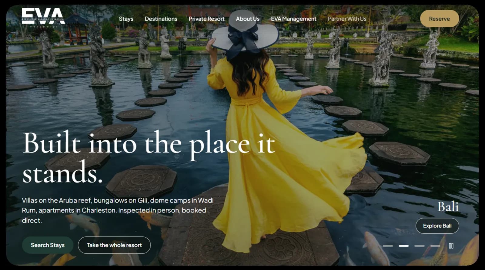 EVA Worldwide Resorts homepage with a full-bleed Bali hero