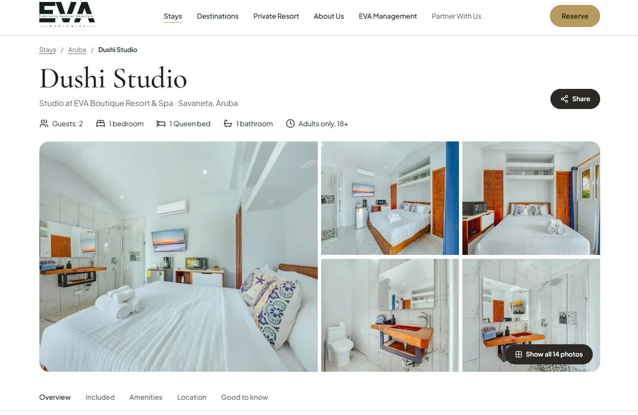 Dushi Studio stay page with a five-photo gallery