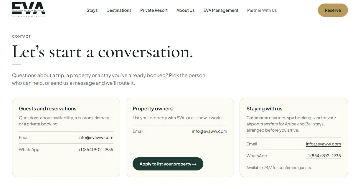 EVA contact page with separate cards for guests, property owners and current stays