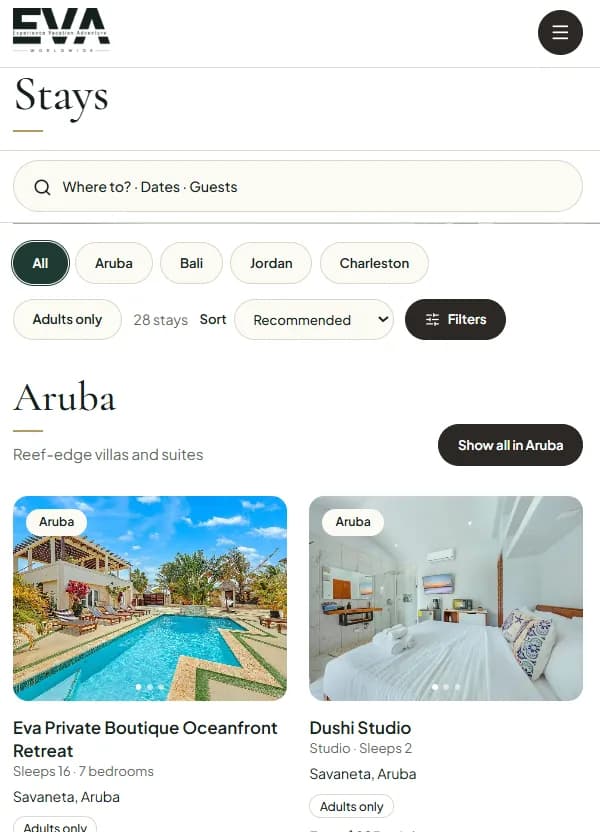 EVA stays page on mobile with search, destination filters and Aruba listings