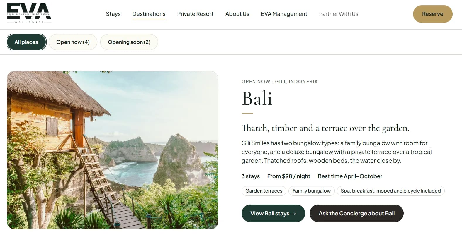EVA destinations page showing the Bali listing