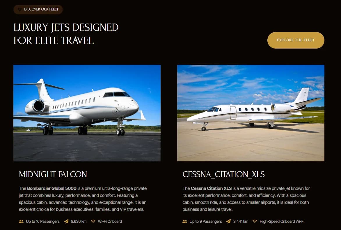 KaneJet fleet section Luxury Jets Designed for Elite Travel with the Midnight Falcon and Cessna Citation XLS