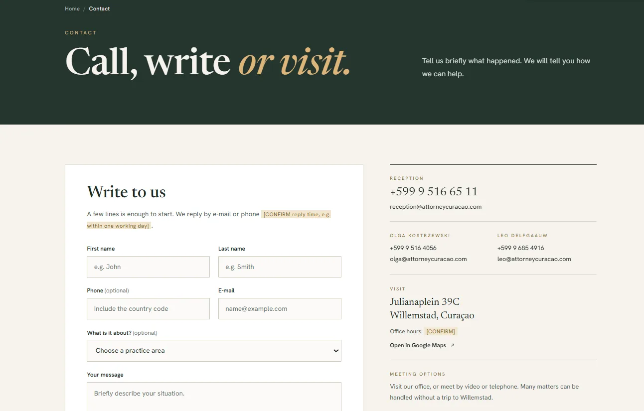 Kostrzewski Delfgaauw contact page with a Write to us form and reception, partner and office details