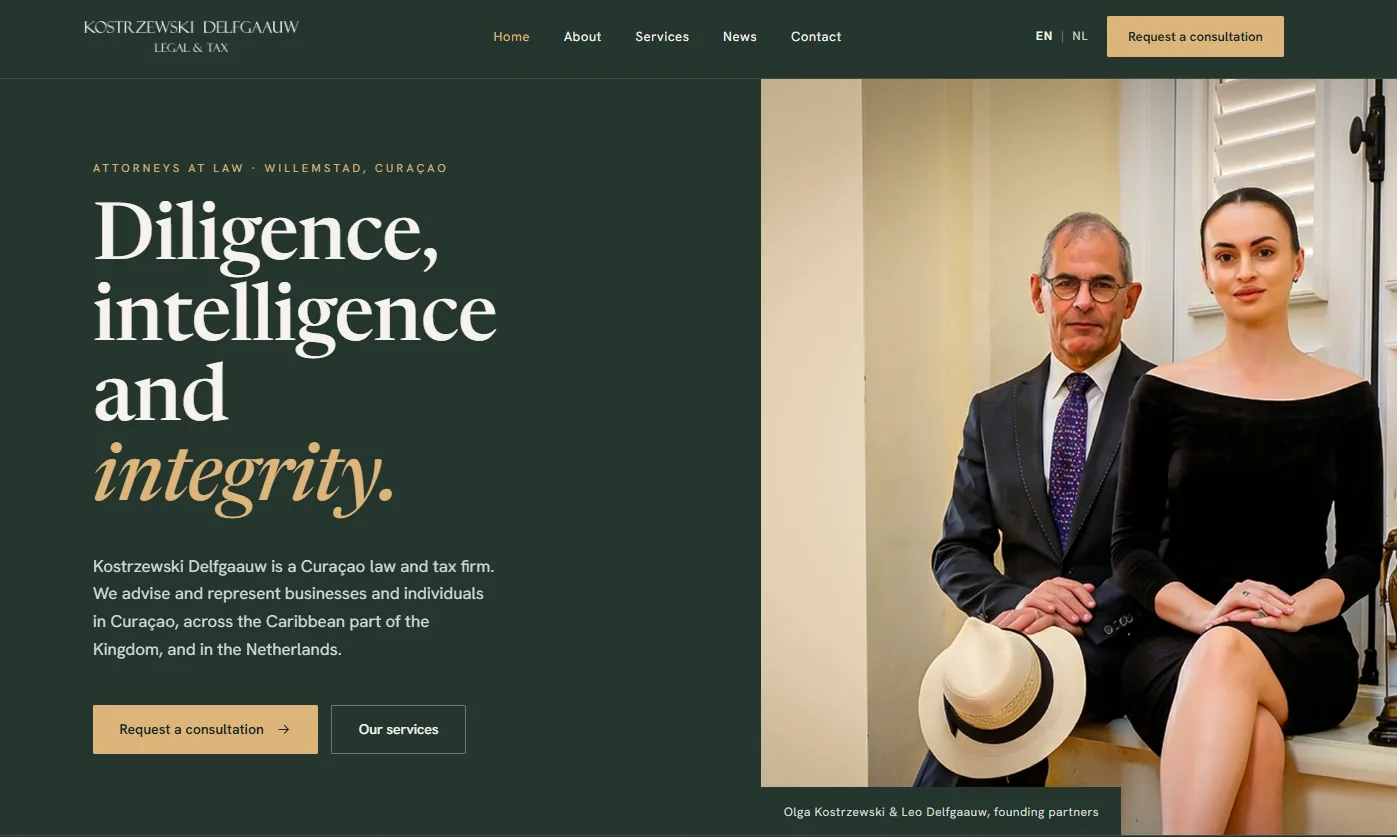 Kostrzewski Delfgaauw homepage with the headline Diligence, intelligence and integrity and the two founding partners